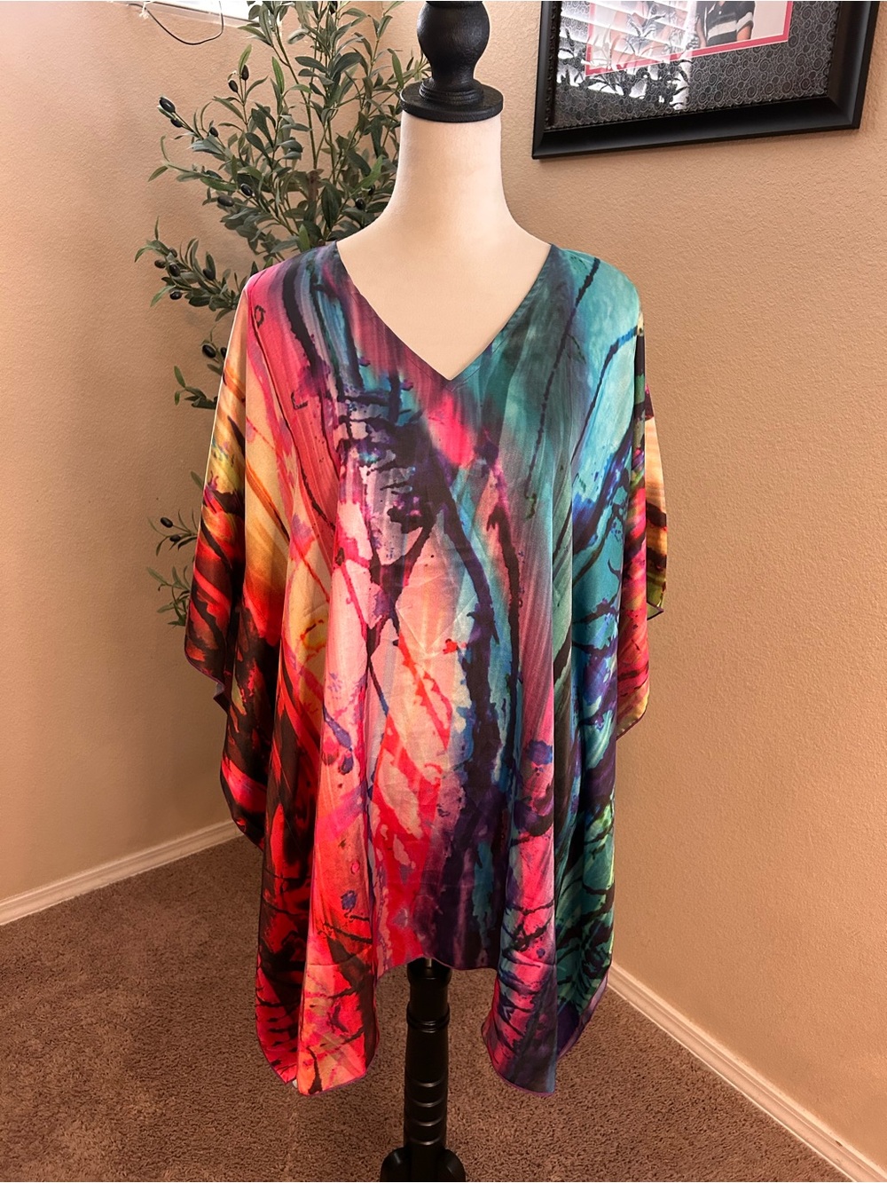 Soft Surroundings Kaftan Cover Up Tunic Multicolor Watercolor Satin V-Neck